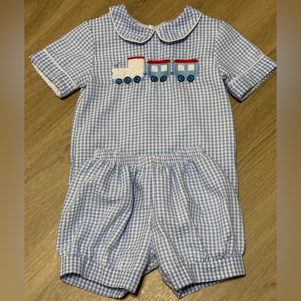 EUC Blue Gingham outfit with Train Embroidery 3T